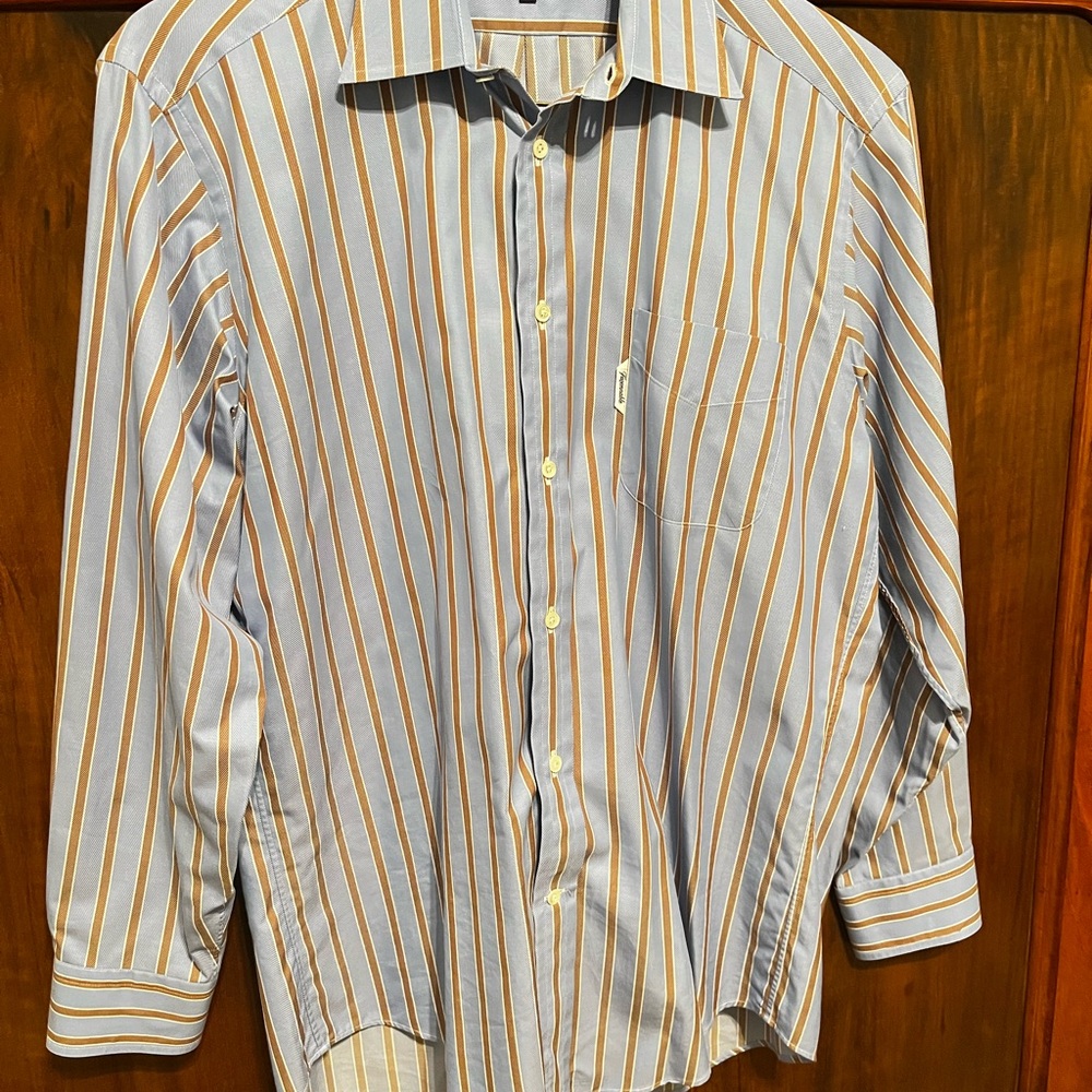 Faconnable Blue and Tan Striped Button-Down Shirt